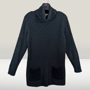 Susan Graver Sweater Tunic Forest Green Turtle Neck Ribbed Cotton Medium